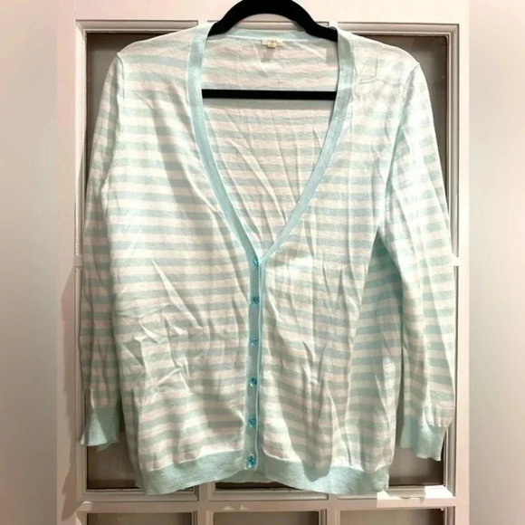 J. Crew | Tiffany Blue & Cream Stripe Button Down Cardigan Size M Medium - Picture 1 of 8